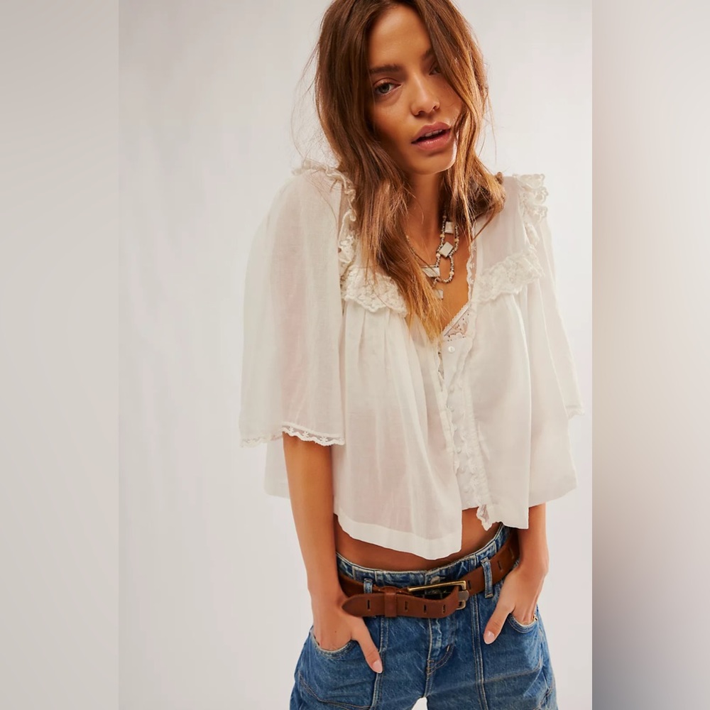 Free People Sheer White Lace-Trim Button Front Blouse - Picture 5 of 12